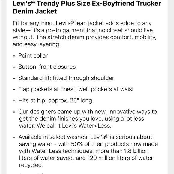 Levi’s Plus Size Boyfriend Trucker Jacket. NEW - Picture 3 of 3